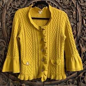 J. Jill Mustard Cable Knit Bell Sleeve Cardigan Sweater Small Front Pockets